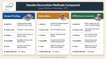 Three custom hoodie decoration methods screen printing embroidery and DTG comparison infographic