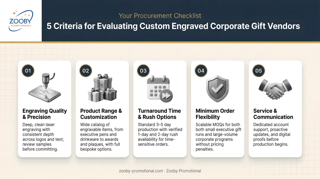 Five vendor evaluation criteria for custom engraved corporate gifts infographic