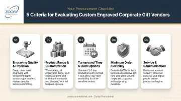 Five vendor evaluation criteria for custom engraved corporate gifts infographic