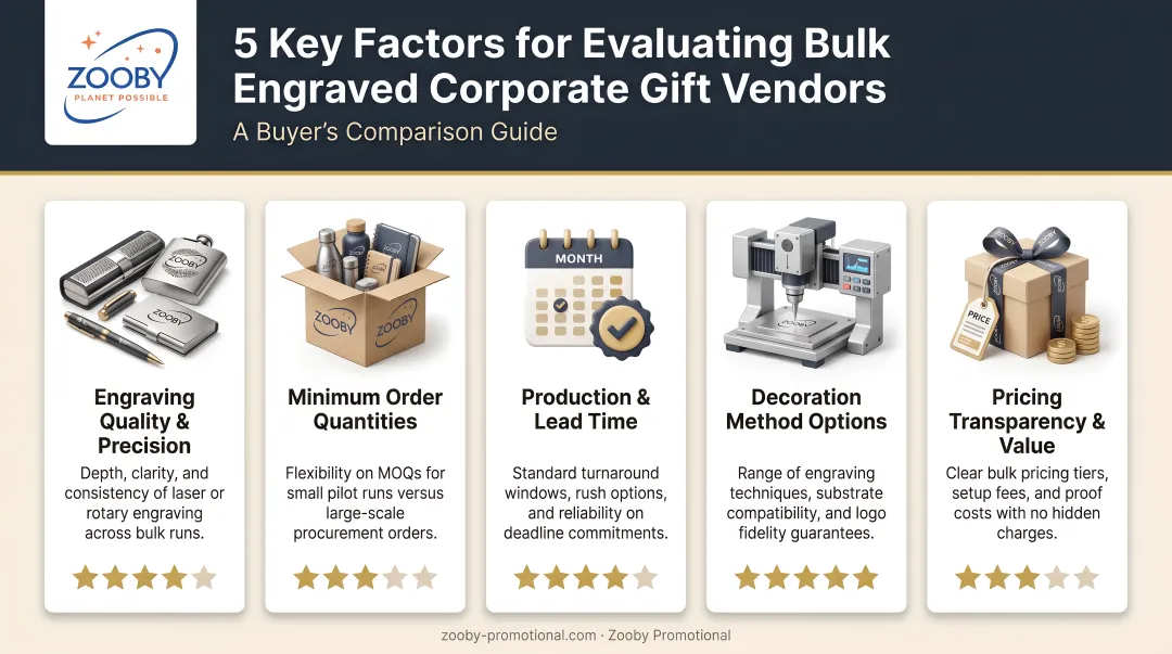 Five key factors for evaluating bulk engraved corporate gift vendors comparison chart