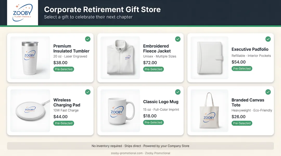 Company online swag store interface displaying pre-selected corporate retirement gift options