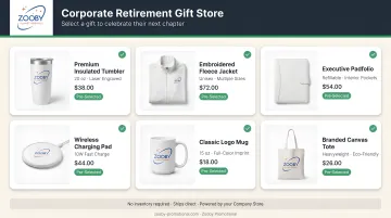 Company online swag store interface displaying pre-selected corporate retirement gift options