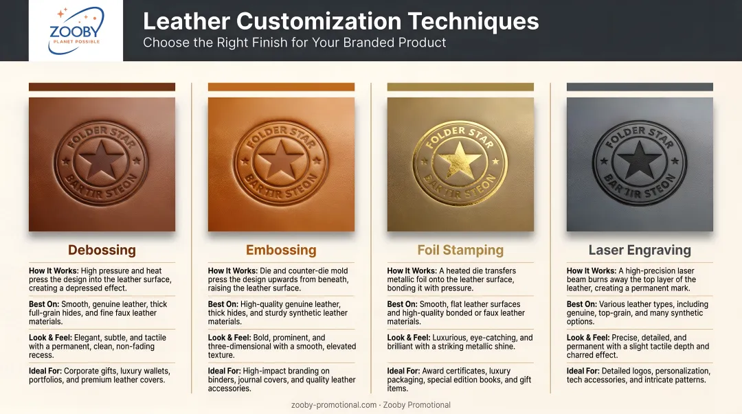 Four leather customization techniques comparison debossing embossing foil stamping laser engraving