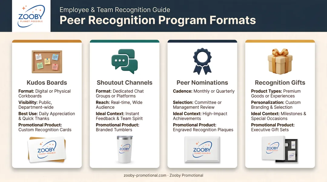 Peer recognition program formats comparison from kudos boards to shoutout channels and gifts