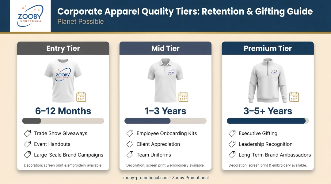 Corporate apparel quality tiers comparison showing retention duration and gifting occasion breakdown