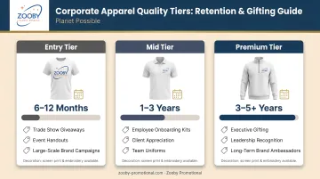 Corporate apparel quality tiers comparison showing retention duration and gifting occasion breakdown
