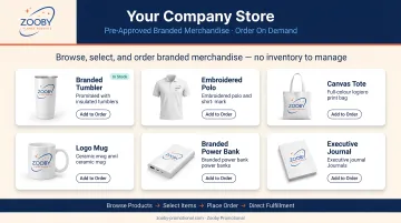 Branded online company store portal showing pre-approved merchandise and employee ordering interface