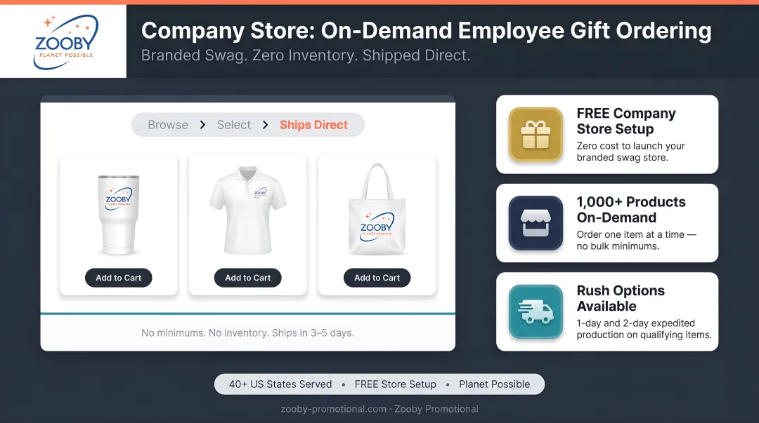 Zooby Promotional Company Store platform interface showing on-demand employee gift ordering