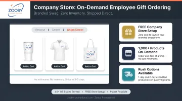 Zooby Promotional Company Store platform interface showing on-demand employee gift ordering