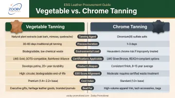Vegetable tanning versus chrome tanning leather comparison infographic for ESG procurement