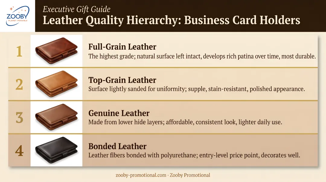 Four-tier leather quality hierarchy comparison chart for business card holders