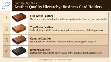 Four-tier leather quality hierarchy comparison chart for business card holders