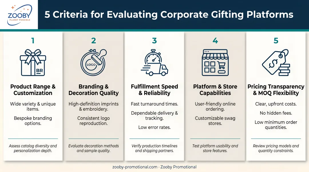 Five criteria for evaluating corporate gifting platforms comparison infographic