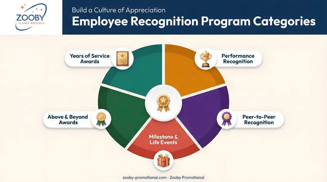 Five employee recognition program categories wheel infographic with icons