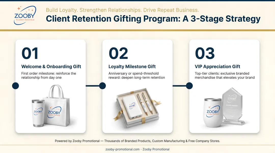 Three-stage tiered customer retention gifting program timeline infographic