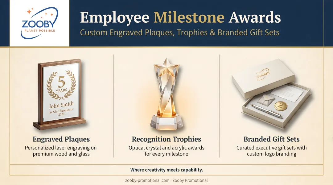 Custom engraved employee milestone award plaques trophies and branded gift sets