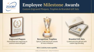 Custom engraved employee milestone award plaques trophies and branded gift sets