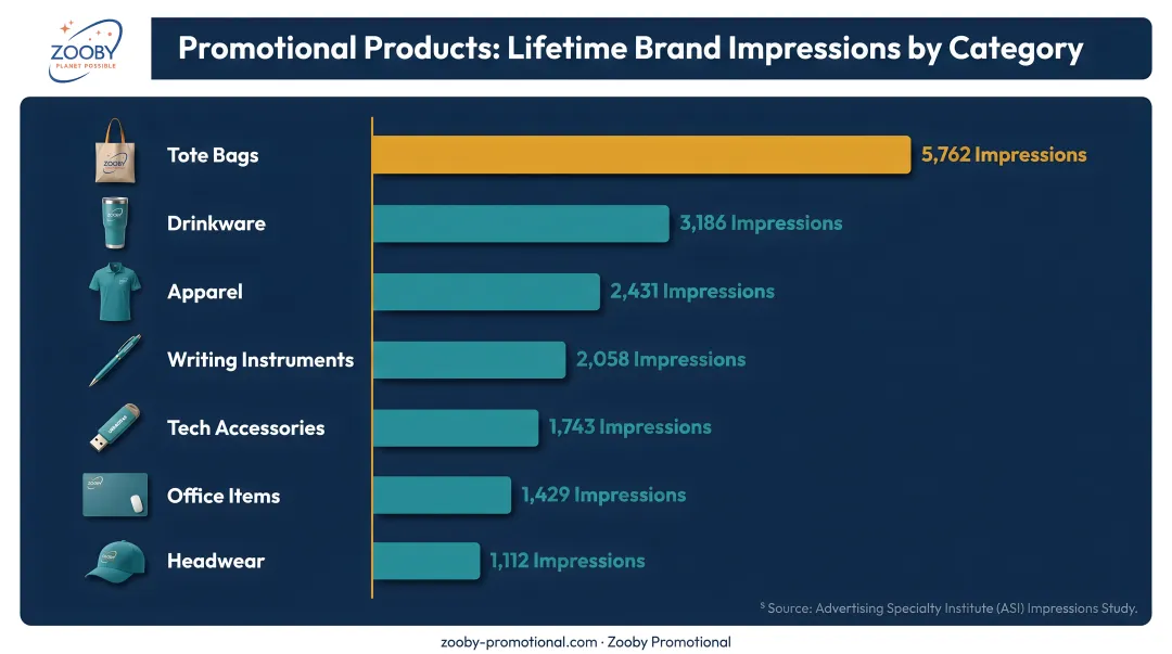 Promotional product categories ranked by lifetime brand impressions bar chart