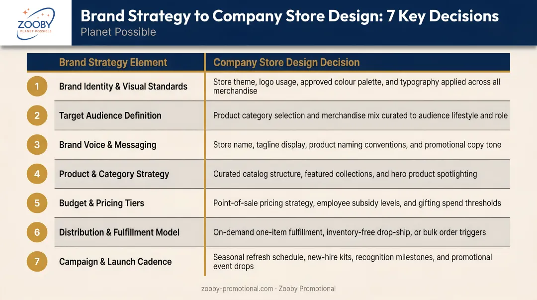 7 brand strategy elements mapped to company store design decisions table