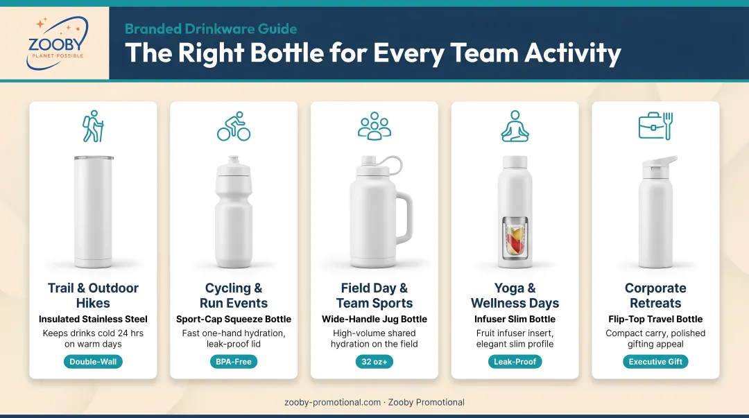 Activity-matched branded water bottle type guide for team building events