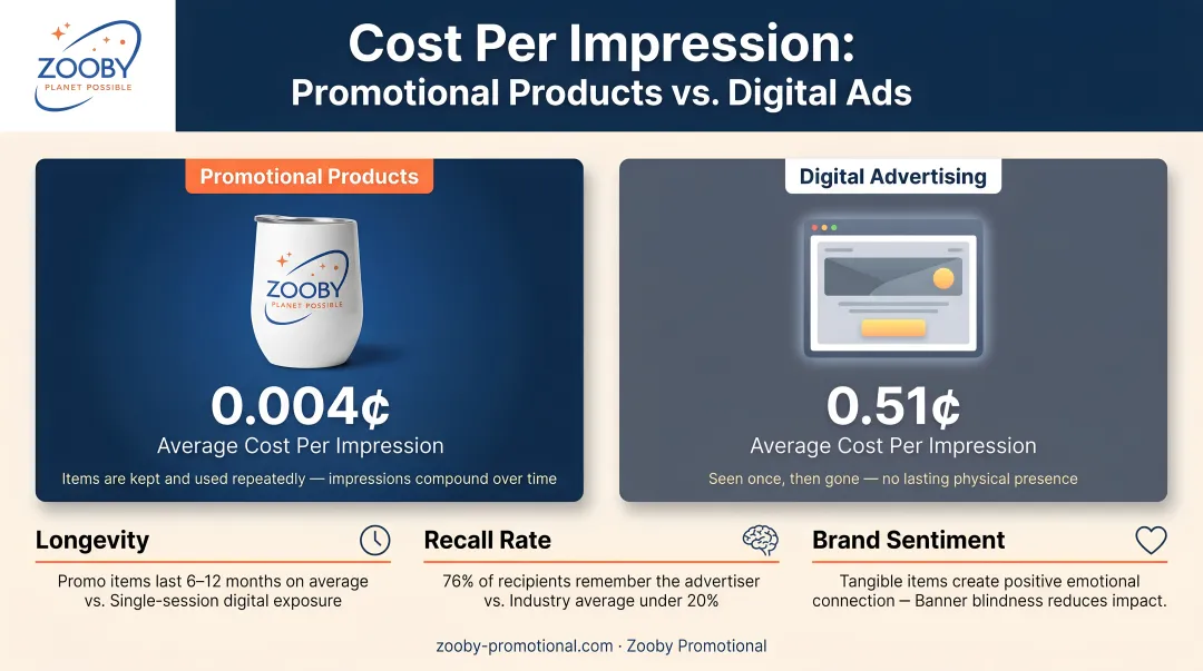 Promotional products versus digital ads cost-per-impression comparison infographic