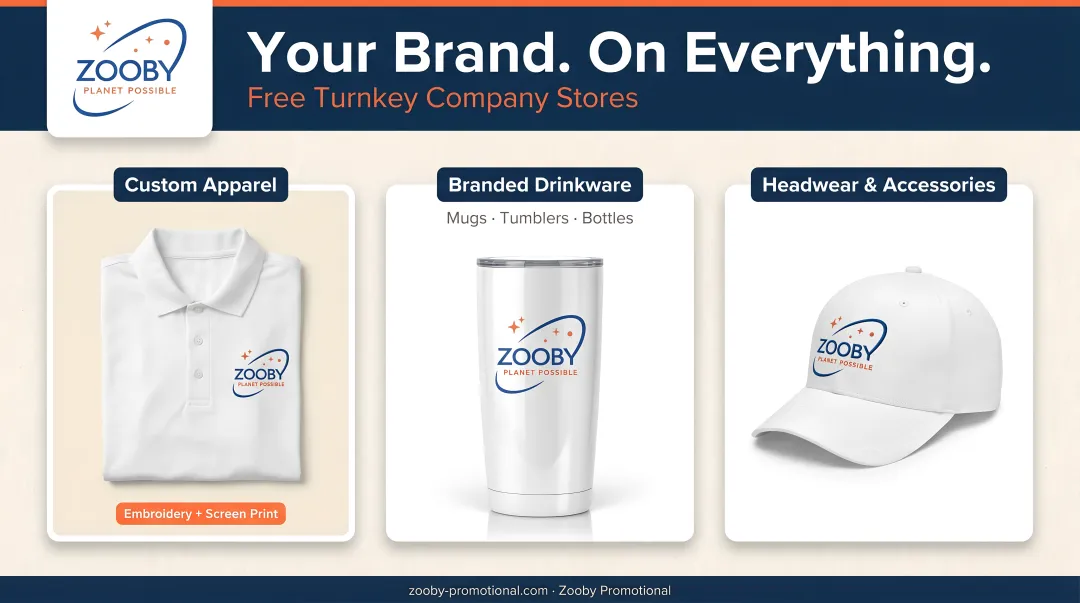 Branded company store displaying custom logo merchandise apparel and drinkware