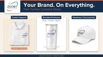 Branded company store displaying custom logo merchandise apparel and drinkware