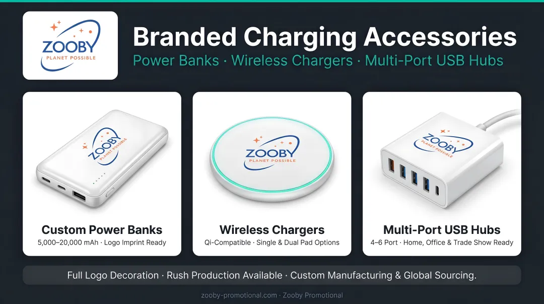 Branded promotional power banks wireless chargers and multi-port USB charging accessories